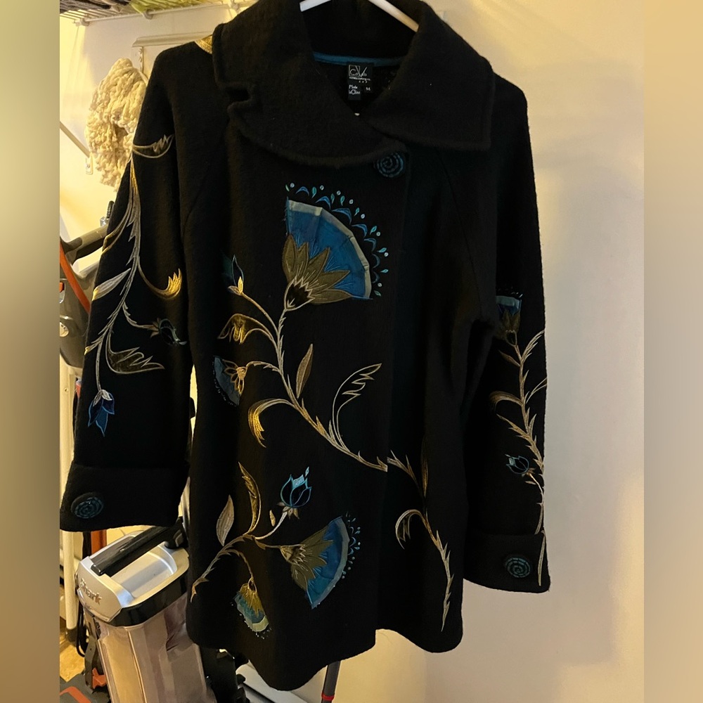 Covelo Black Floral Embroidered Boiled Wool Jacket Sweater Floral Art Size Med